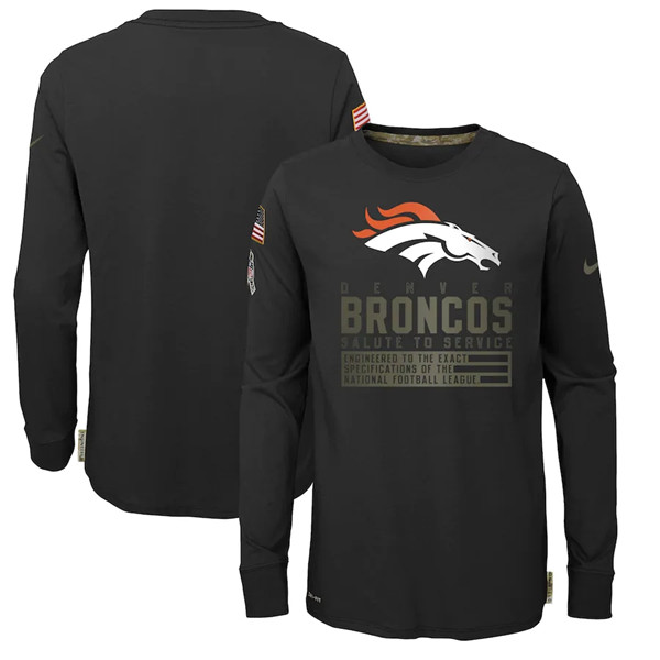 Youth Denver Broncos Black NFL 2020 Salute To Service Sideline Performance Long Sleeve T-Shirt